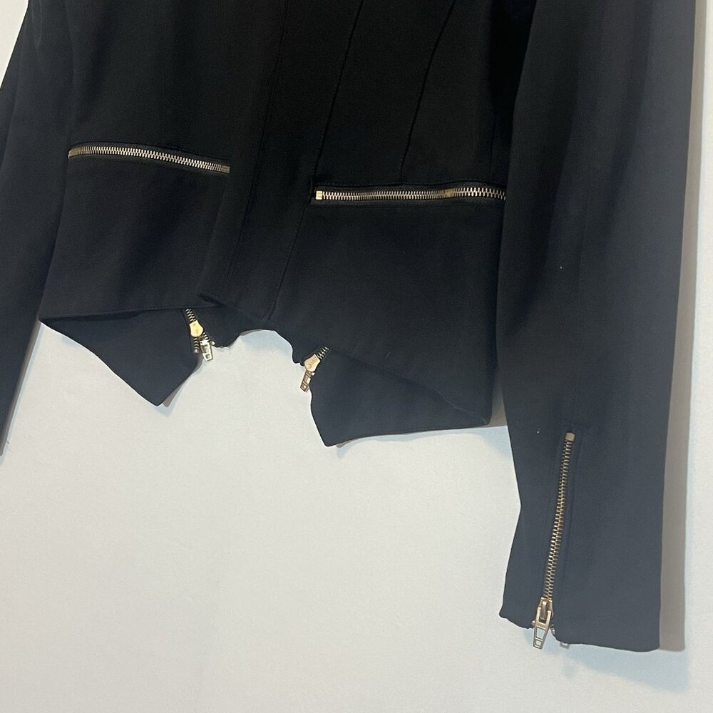 BLANKNYC Women Jacket Denim Psychopath Ponte Moto Size Medium Black Gold Stretch - Picture 9 of 12